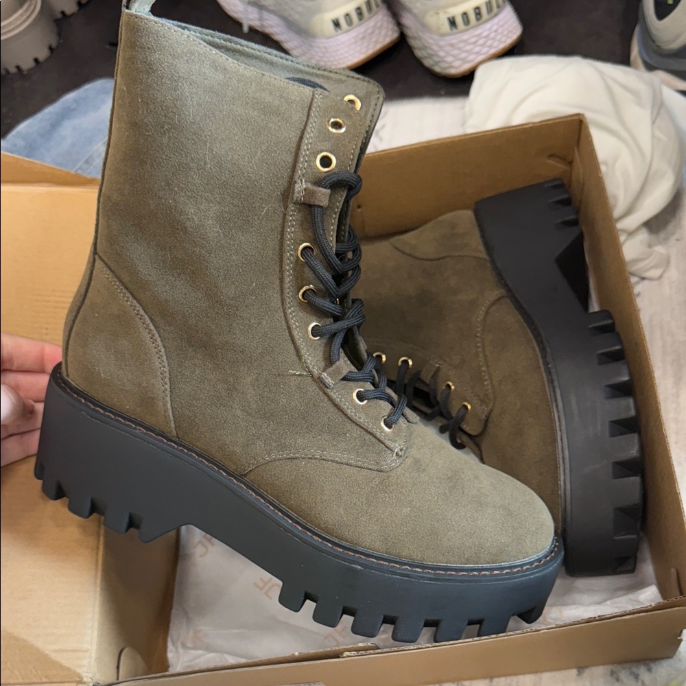 JustFab Khaki Suede Combat Boots